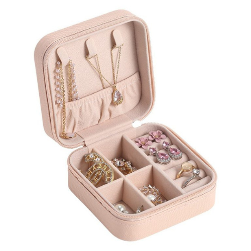 Compact Travel Jewelry Organizer Box | Portable Leather Case with Zipper for Rings, Earrings & Necklaces (Random Color)