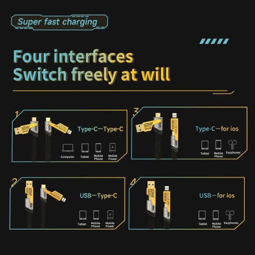 60W Fast Charging 4‑in‑1 Multi USB PD Data Cable — 1000 mm Length (Type‑C to C / USB‑C / Lightning / USB‑A)
