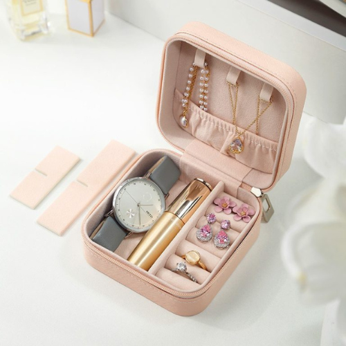 Compact Travel Jewelry Organizer Box | Portable Leather Case with Zipper for Rings, Earrings & Necklaces (Random Color)